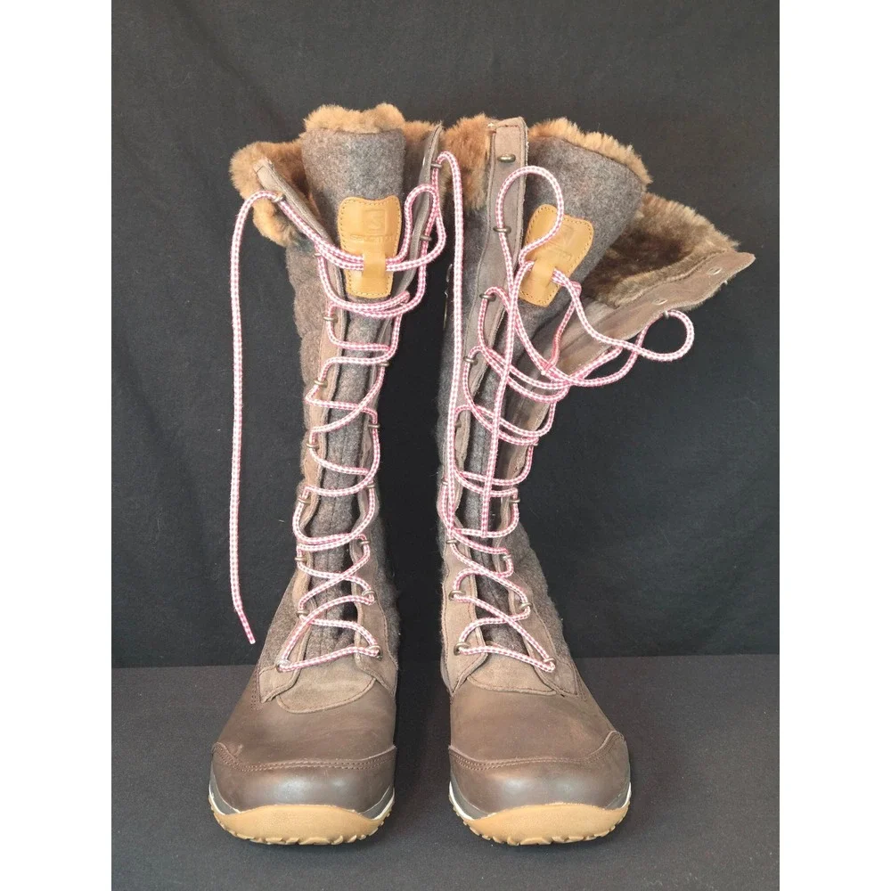 Salomon Women's Brown Quilted Wool Winter Snow Boots Fur Trim Lace Up Zip Size 8